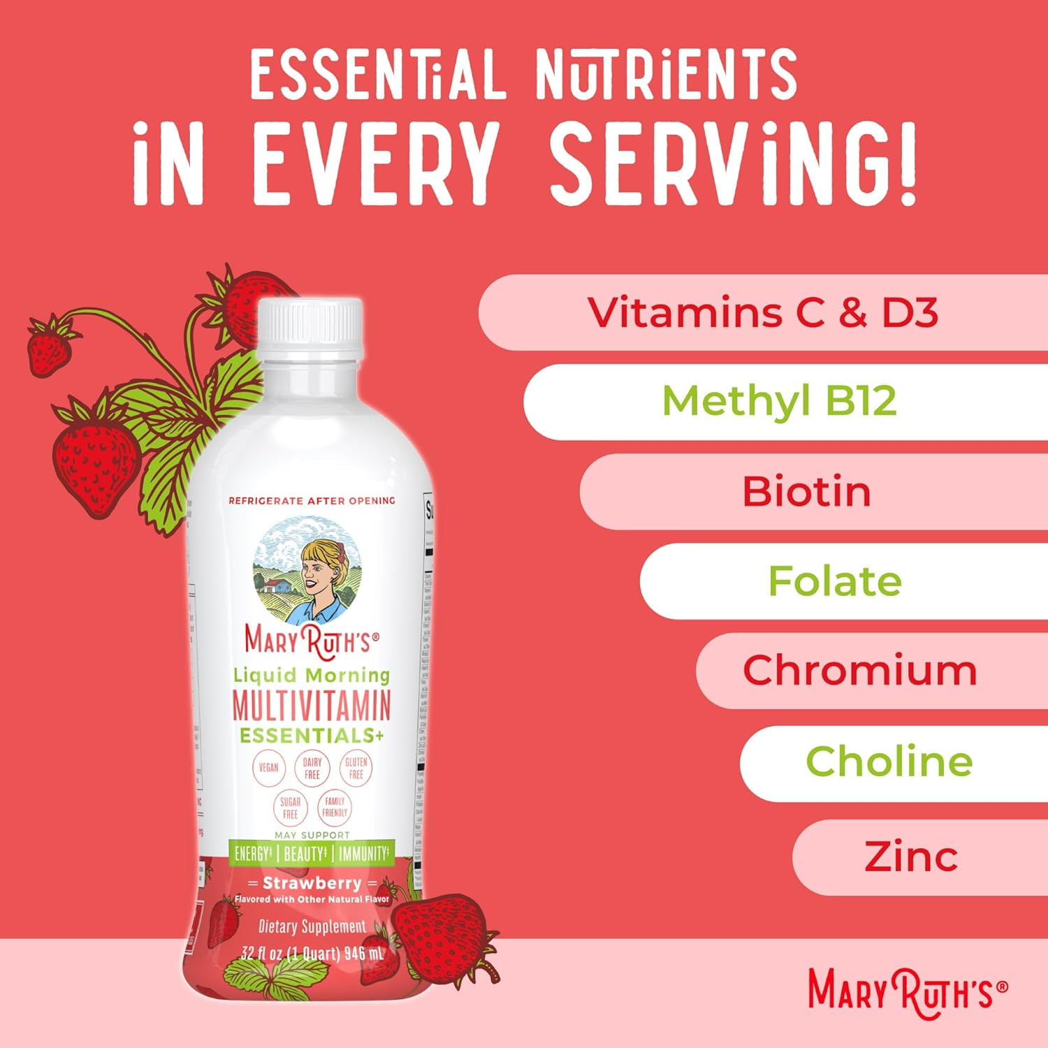 MARYRUTH ORGANICS MORNING LIQUID MULTIVITAMIN IMMUNE SUPPORT STRAWBERRY NO ADDED SUGAR 32 FL OZ 946ML