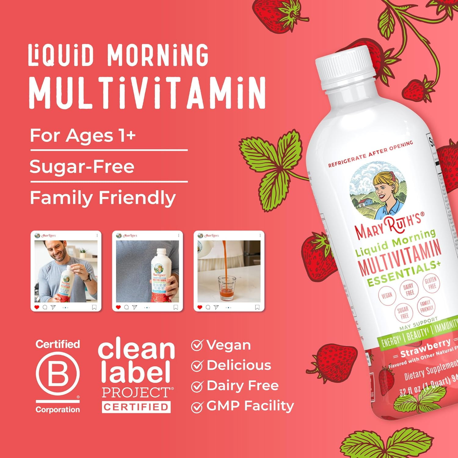 MARYRUTH ORGANICS MORNING LIQUID MULTIVITAMIN IMMUNE SUPPORT STRAWBERRY NO ADDED SUGAR 32 FL OZ 946ML