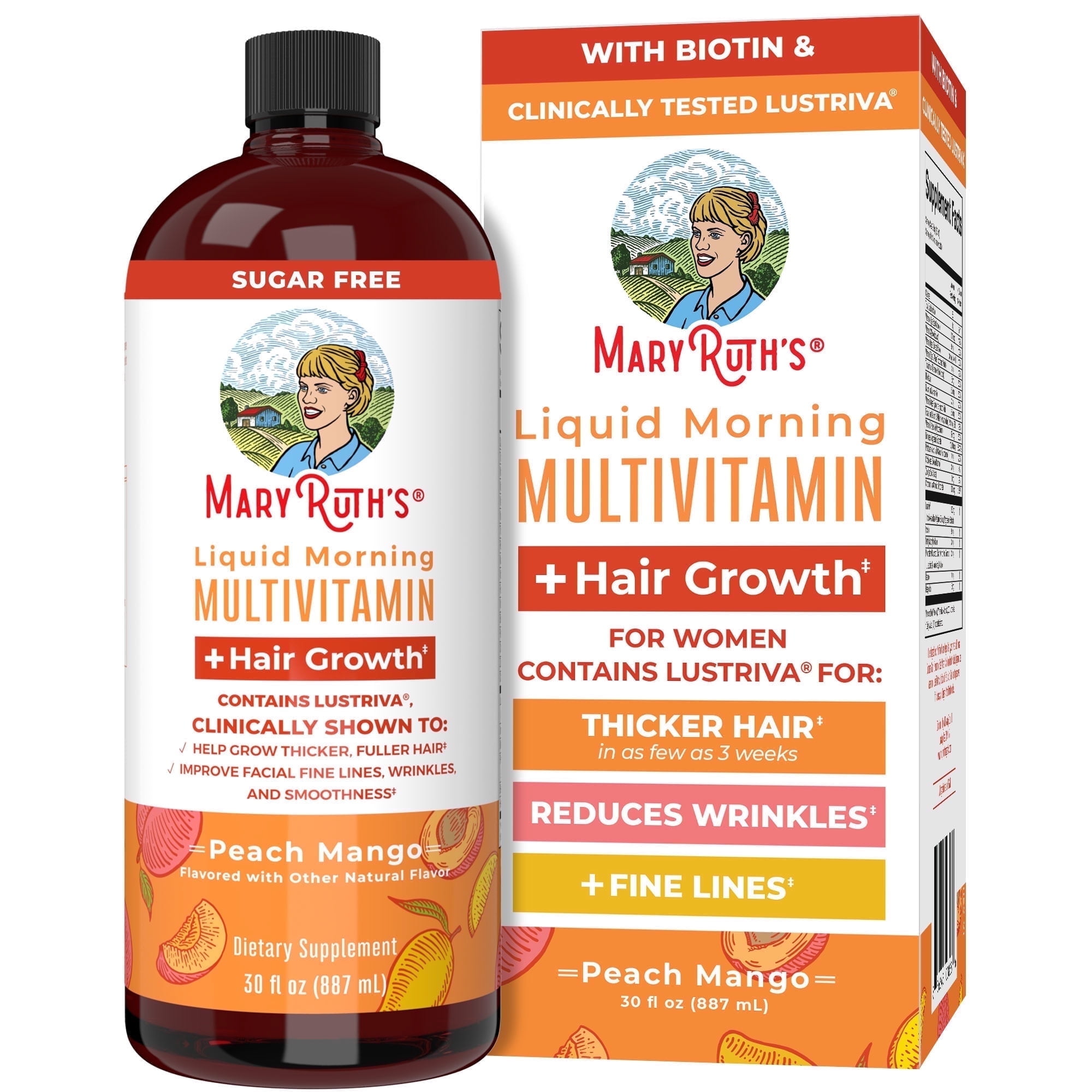MARYRUTHS LIQUID MULTIVITAMIN LUSTRIVA HAIR GROWTH ADULT WOMENS HEALTH BIOTIN 10000MCG VITAMIN D B VITAMINS THICKER HAIR WRINKLES FINE LINES SKIN CARE AGES 18+ 30 FL OZ