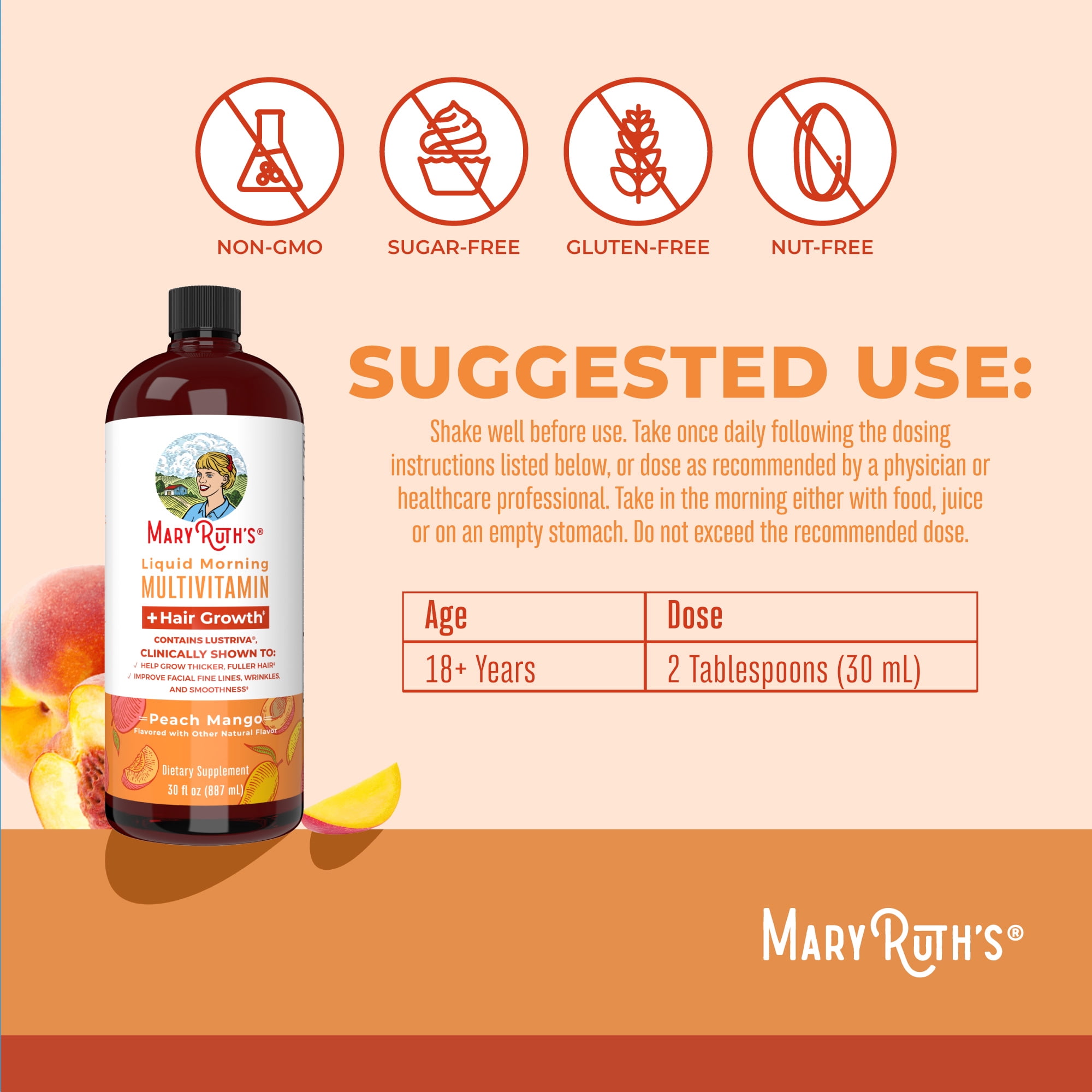 MARYRUTHS LIQUID MULTIVITAMIN LUSTRIVA HAIR GROWTH ADULT WOMENS HEALTH BIOTIN 10000MCG VITAMIN D B VITAMINS THICKER HAIR WRINKLES FINE LINES SKIN CARE AGES 18+ 30 FL OZ