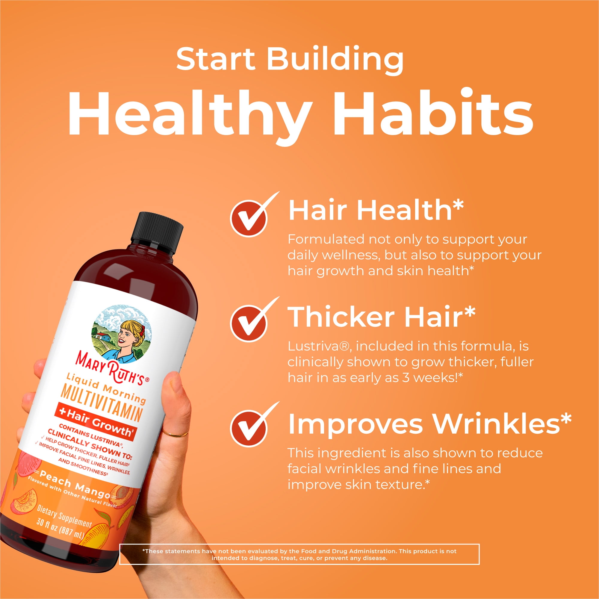 MARYRUTHS LIQUID MULTIVITAMIN LUSTRIVA HAIR GROWTH ADULT WOMENS HEALTH BIOTIN 10000MCG VITAMIN D B VITAMINS THICKER HAIR WRINKLES FINE LINES SKIN CARE AGES 18+ 30 FL OZ