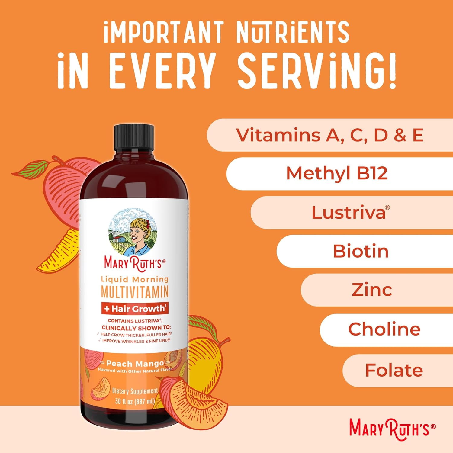 MARYRUTHS LIQUID MULTIVITAMIN LUSTRIVA HAIR GROWTH ADULT WOMENS HEALTH BIOTIN 10000MCG VITAMIN D B VITAMINS THICKER HAIR WRINKLES FINE LINES SKIN CARE AGES 18+ 30 FL OZ