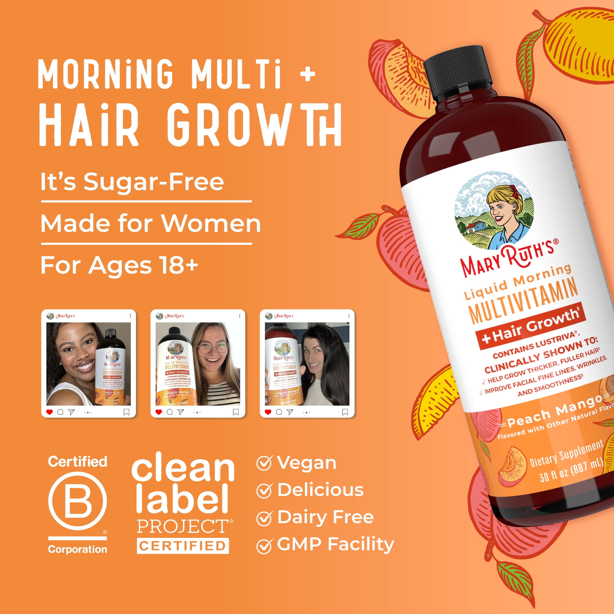 MARYRUTHS LIQUID MULTIVITAMIN LUSTRIVA HAIR GROWTH ADULT WOMENS HEALTH BIOTIN 10000MCG VITAMIN D B VITAMINS THICKER HAIR WRINKLES FINE LINES SKIN CARE AGES 18+ 30 FL OZ