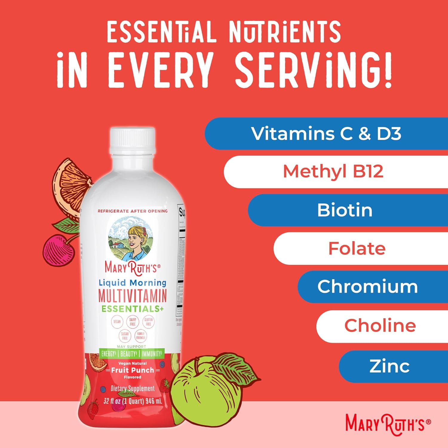 MARYRUTH MULTIVITAMIN MEN WOMEN KIDS NO ADDED SUGAR VITAMIN A C D E B6 B12 BIOTIN ZINC IMMUNE SUPPORT ENERGY DAILY VEGAN 32 FL OZ