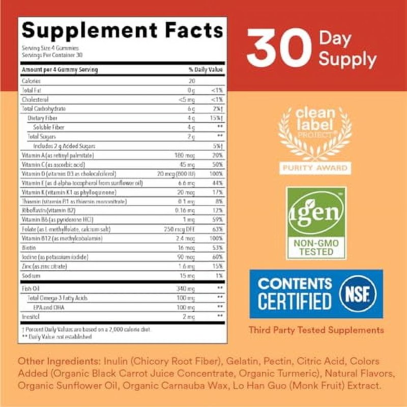 SMARTYPANTS KIDS FIBER VITAMINS DAILY MULTIVITAMIN GUMMY FOR KIDS WITH OMEGA 3 FISH OIL 120 COUNT