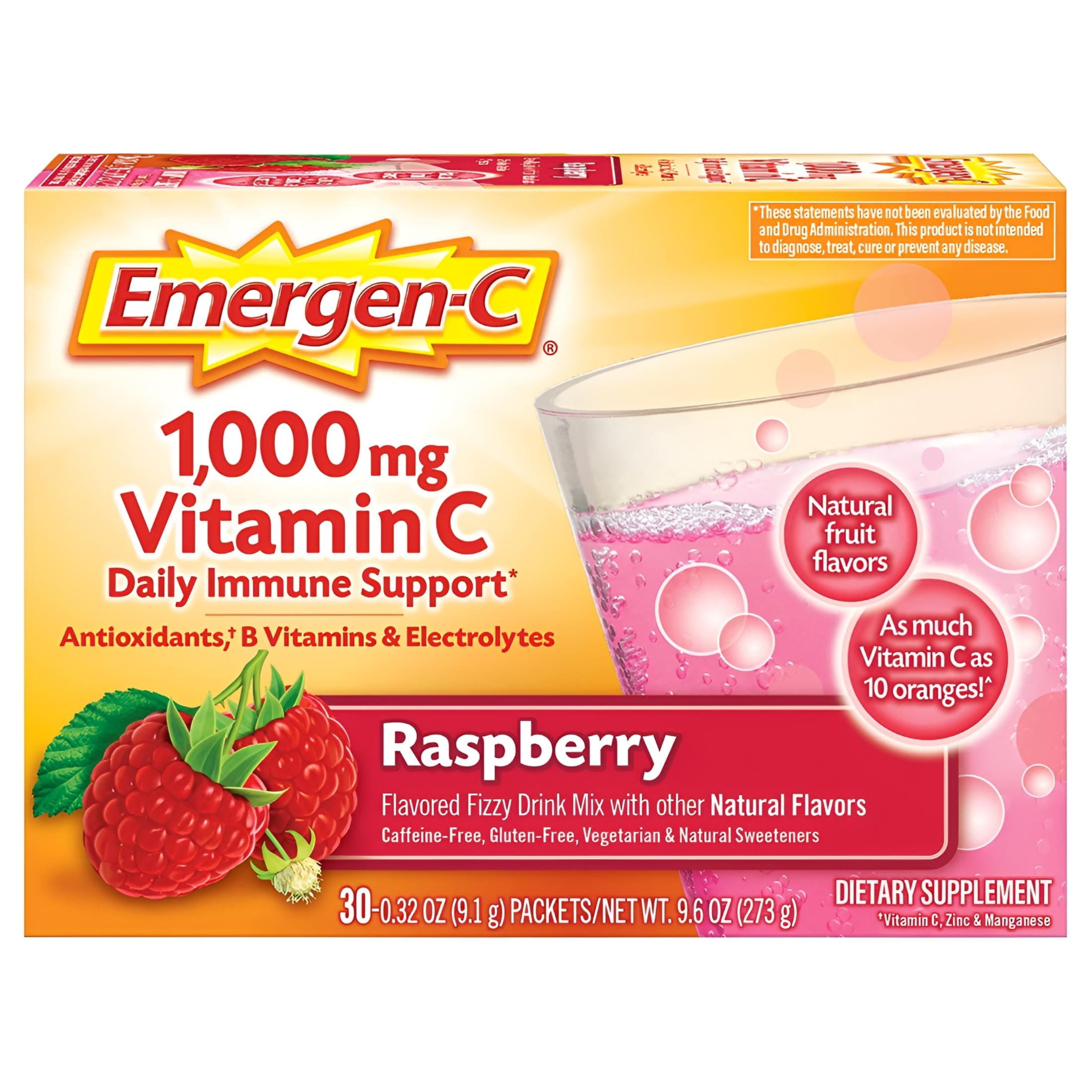 EMERGEN C VITAMIN C 1000MG POWDER 30 COUNT RASPBERRY FLAVOR ANTIOXIDANTS B VITAMINS ELECTROLYTES DIETARY SUPPLEMENT DRINK MIX CAFFEINE FREE