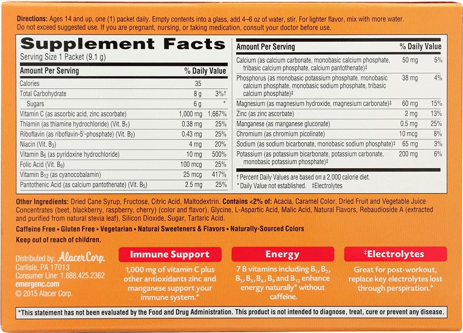 EMERGEN C VITAMIN C 1000MG POWDER 30 COUNT RASPBERRY FLAVOR ANTIOXIDANTS B VITAMINS ELECTROLYTES DIETARY SUPPLEMENT DRINK MIX CAFFEINE FREE