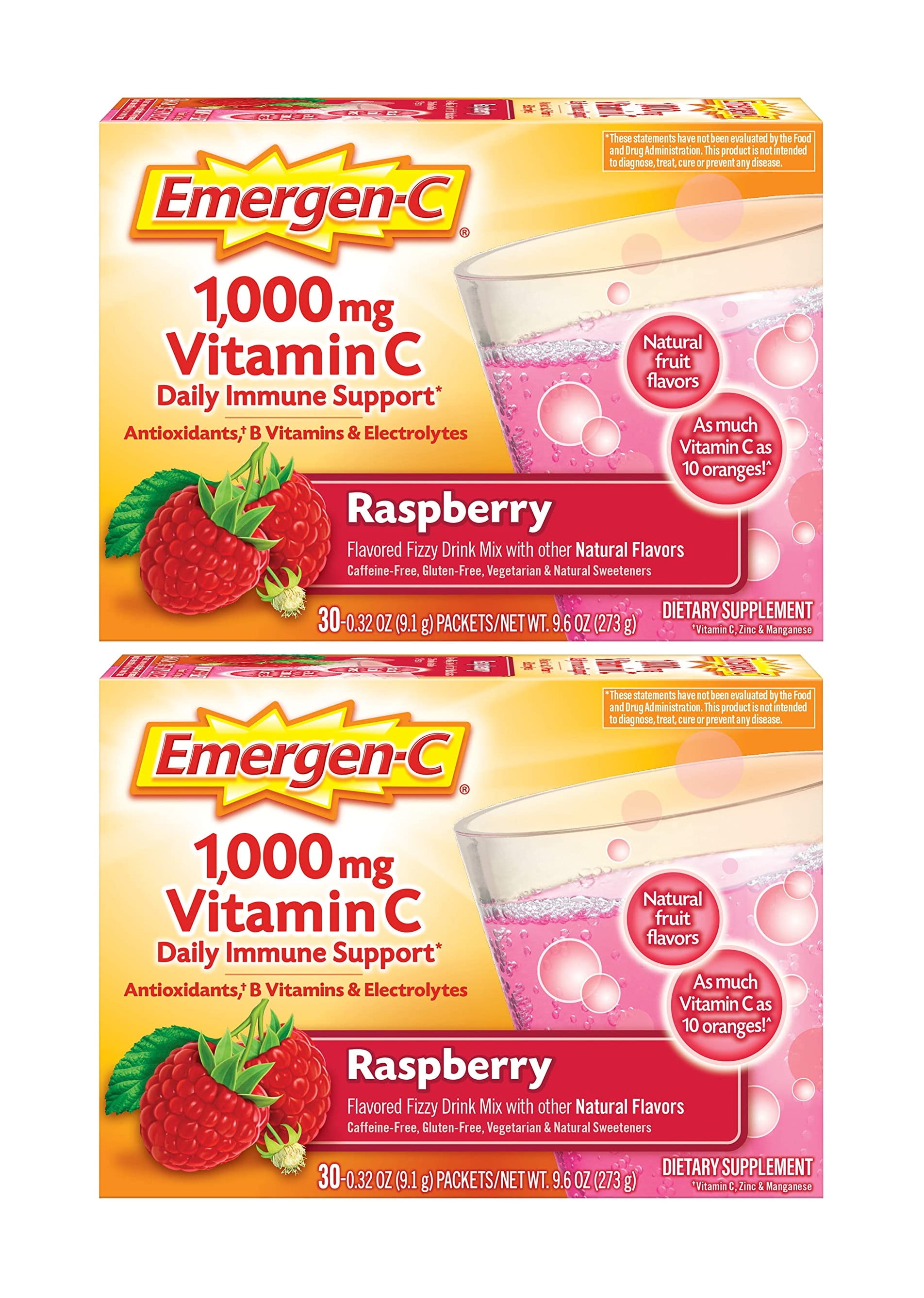 EMERGEN-C VITAMIN C DRINK MIX PACKETS RASPBERRY 30 EACH FOR HEALTHY IMMUNE SUPPORT 2 PACK