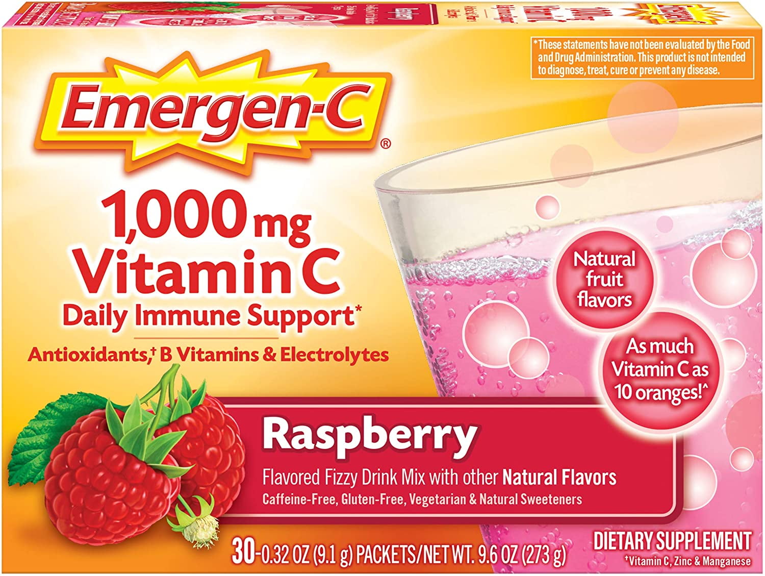 EMERGEN-C VITAMIN C DRINK MIX PACKETS RASPBERRY 30 EACH FOR HEALTHY IMMUNE SUPPORT 2 PACK