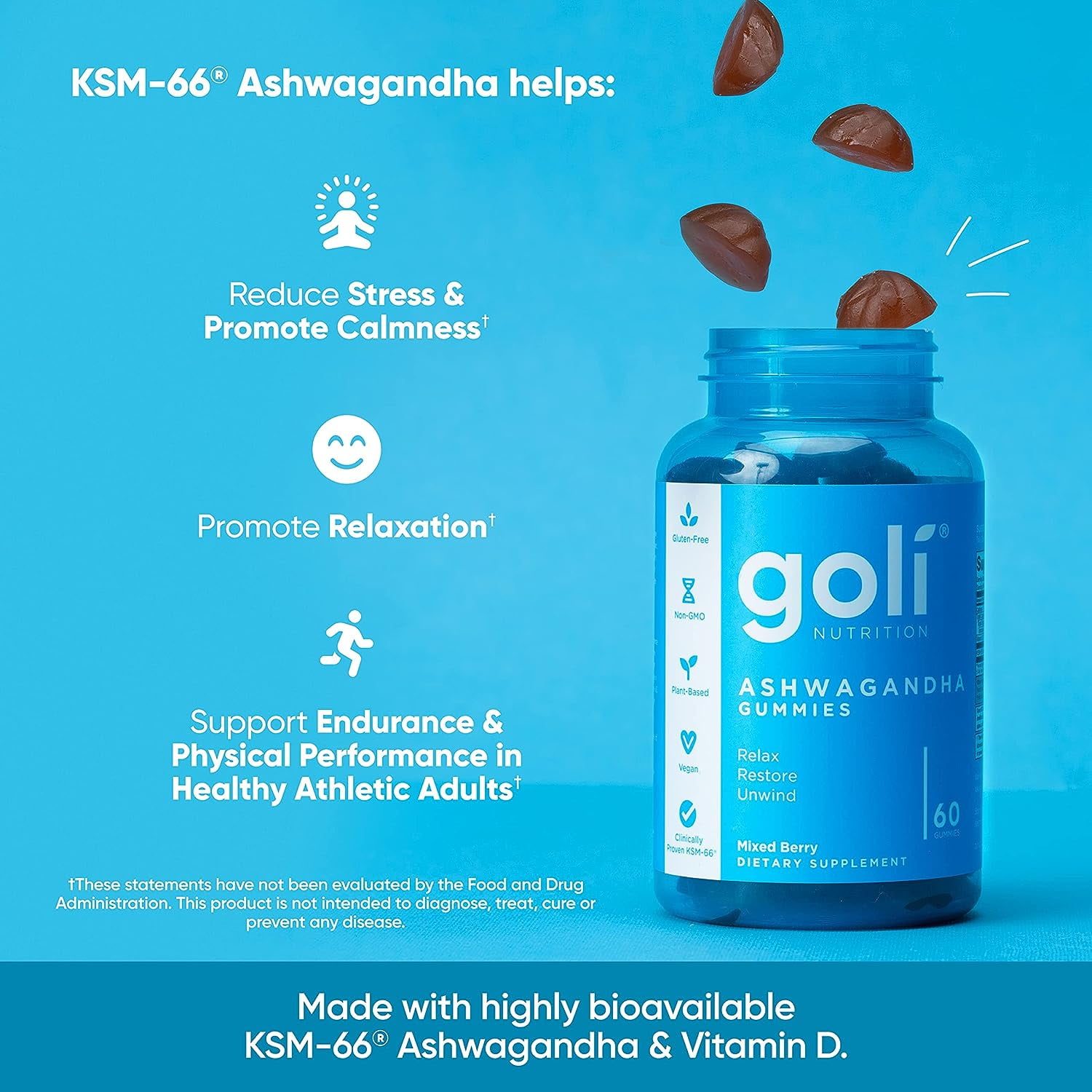 GOLI NUTRITION ASHWAGANDHA GUMMIES MIXED BERRY FLAVOR 60 COUNT