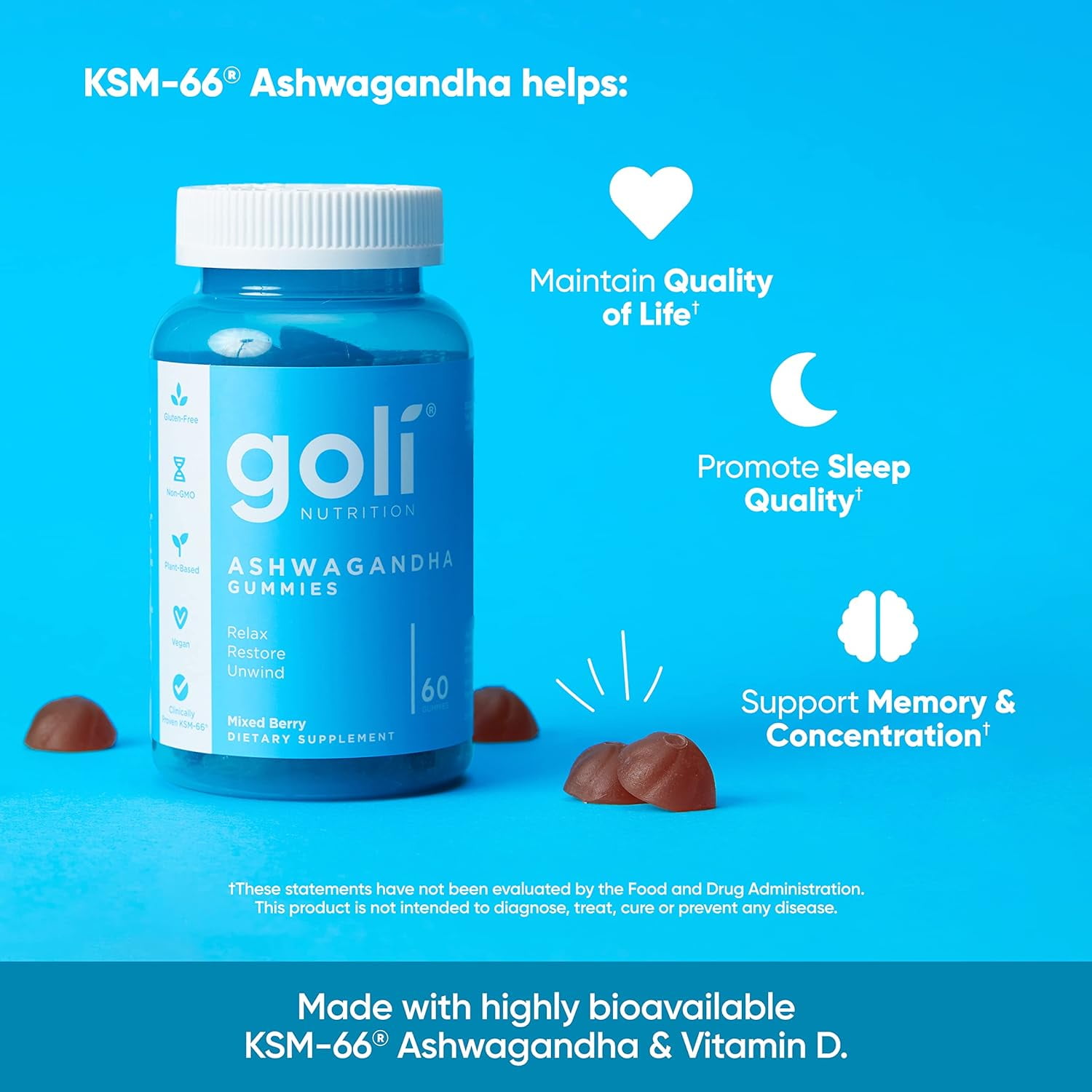 GOLI NUTRITION ASHWAGANDHA GUMMIES MIXED BERRY FLAVOR 60 COUNT