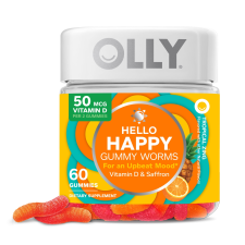 OLLY HELLO HAPPY GUMMY WORMS MOOD BALANCE SUPPORT SUPPLEMENT VITAMIN D TROPICAL 60 CT