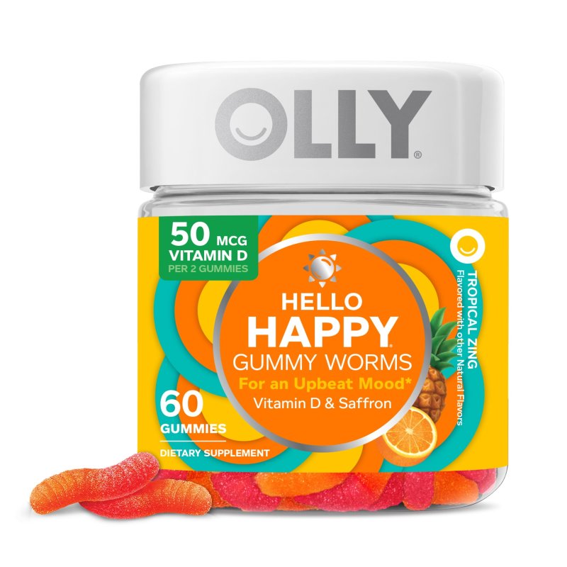 OLLY HELLO HAPPY GUMMY WORMS MOOD BALANCE SUPPORT SUPPLEMENT VITAMIN D TROPICAL 60 CT