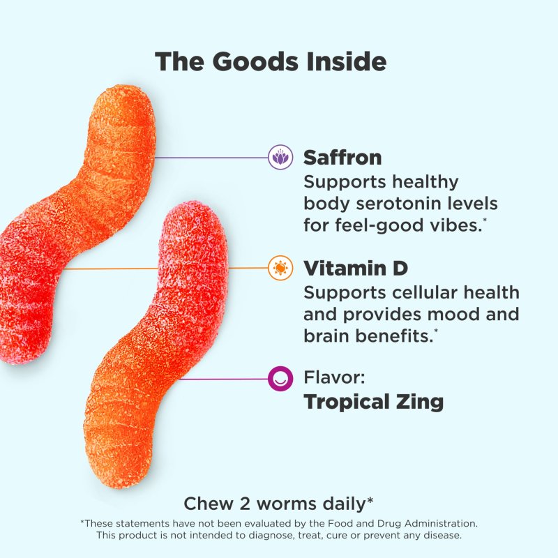 OLLY HELLO HAPPY GUMMY WORMS MOOD BALANCE SUPPORT SUPPLEMENT VITAMIN D TROPICAL 60 CT