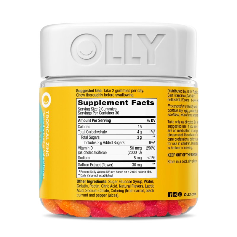 OLLY HELLO HAPPY GUMMY WORMS MOOD BALANCE SUPPORT SUPPLEMENT VITAMIN D TROPICAL 60 CT