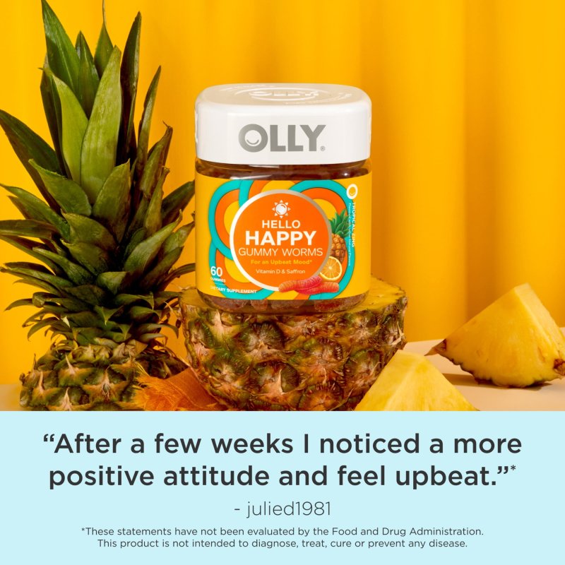 OLLY HELLO HAPPY GUMMY WORMS MOOD BALANCE SUPPORT SUPPLEMENT VITAMIN D TROPICAL 60 CT