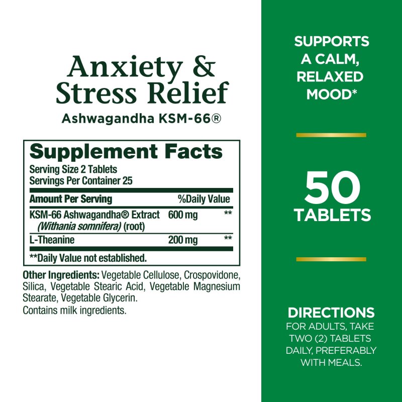 NATURE'S BOUNTY STRESS RELIEF SUPPLEMENT ASHWAGANDHA KSM 66 L THEANINE 50 CT TABLETS