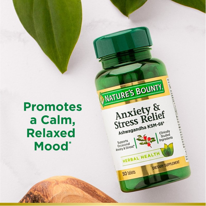 NATURE'S BOUNTY STRESS RELIEF SUPPLEMENT ASHWAGANDHA KSM 66 L THEANINE 50 CT TABLETS