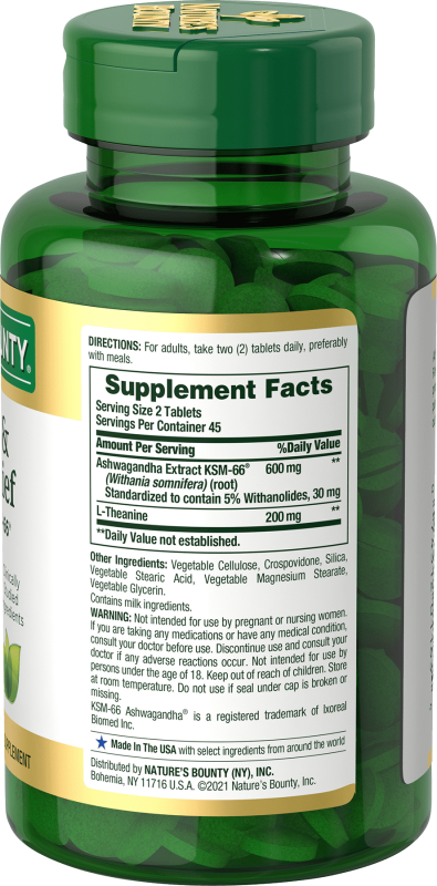 NATURE'S BOUNTY ASHWAGANDHA KSM-66 ANXIETY STRESS RELIEF SUPPLEMENT TABLETS 90 CT.