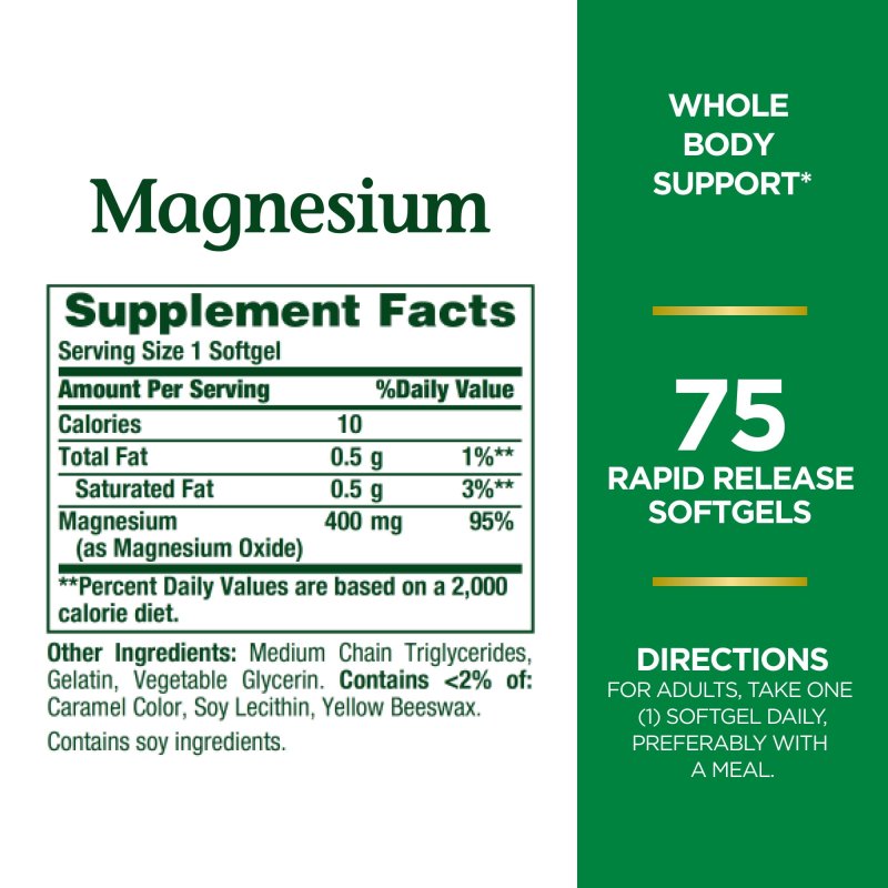 NATURE'S BOUNTY MAGNESIUM RAPID RELEASE SOFTGELS 400 MG 75 CT