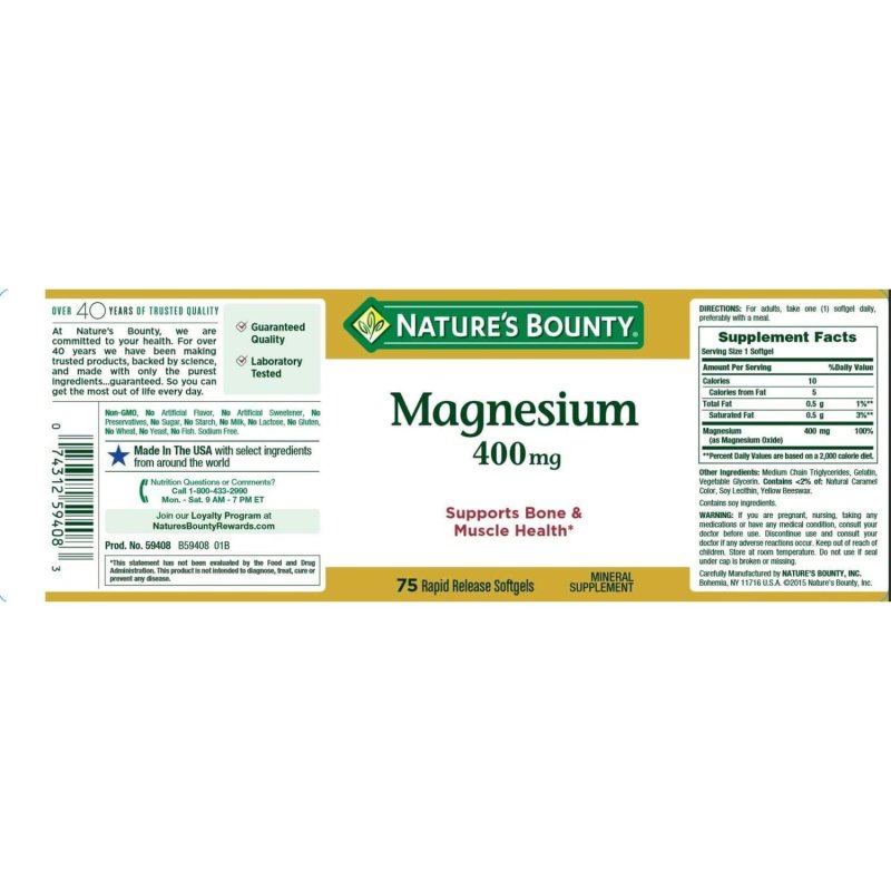 NATURE'S BOUNTY MAGNESIUM RAPID RELEASE SOFTGELS 400 MG 75 CT