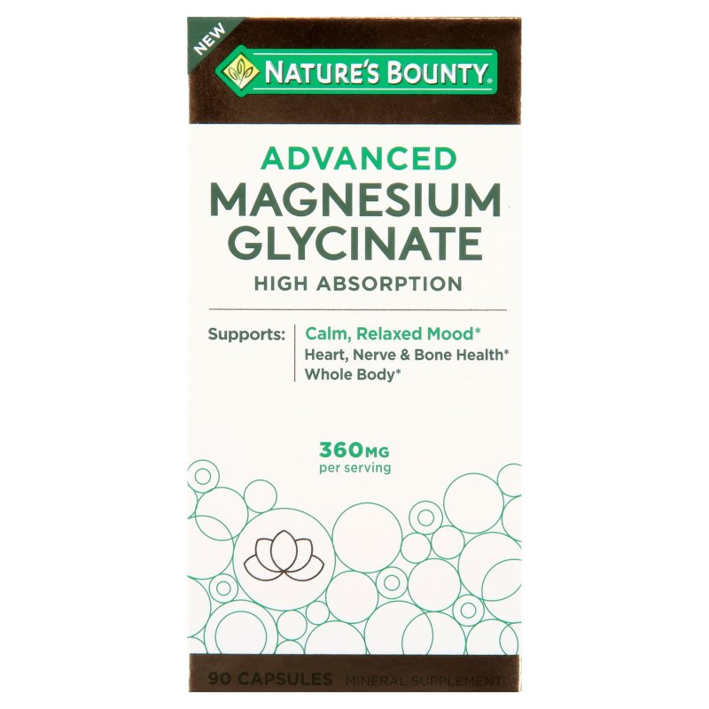 NATURE'S BOUNTY ADVANCED MAGNESIUM GLYCINATE 360MG 90 CT FOR HEART NERVES MUSCLE BONE HEALTH SUPPORT