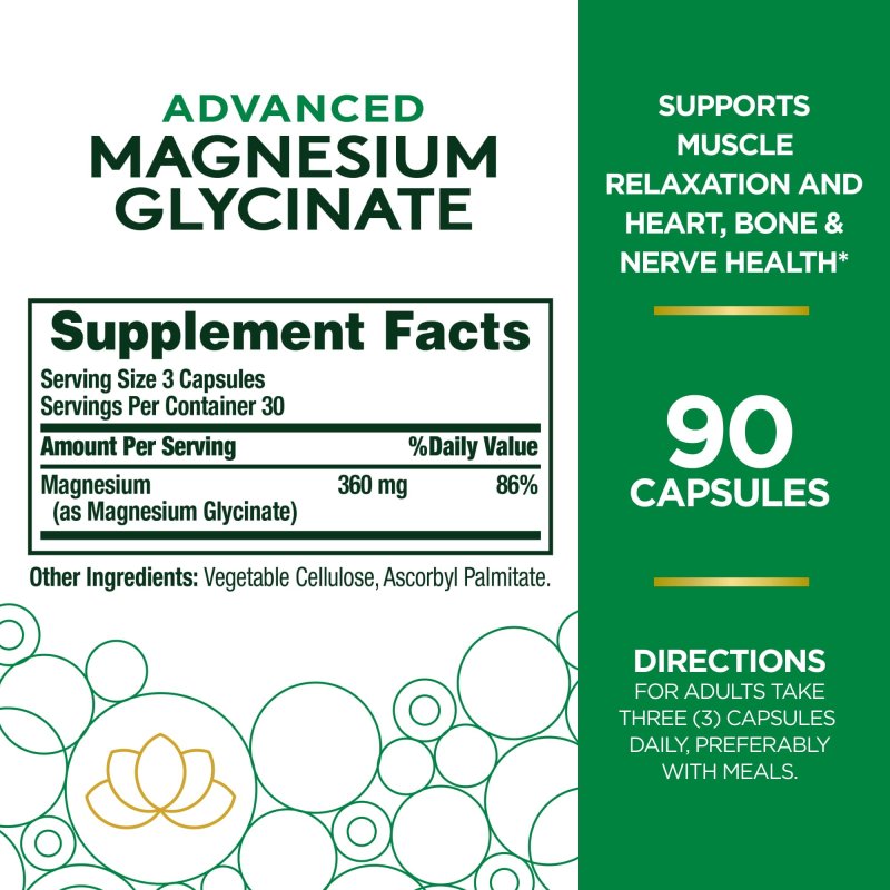 NATURE'S BOUNTY ADVANCED MAGNESIUM GLYCINATE 360MG 90 CT FOR HEART NERVES MUSCLE BONE HEALTH SUPPORT