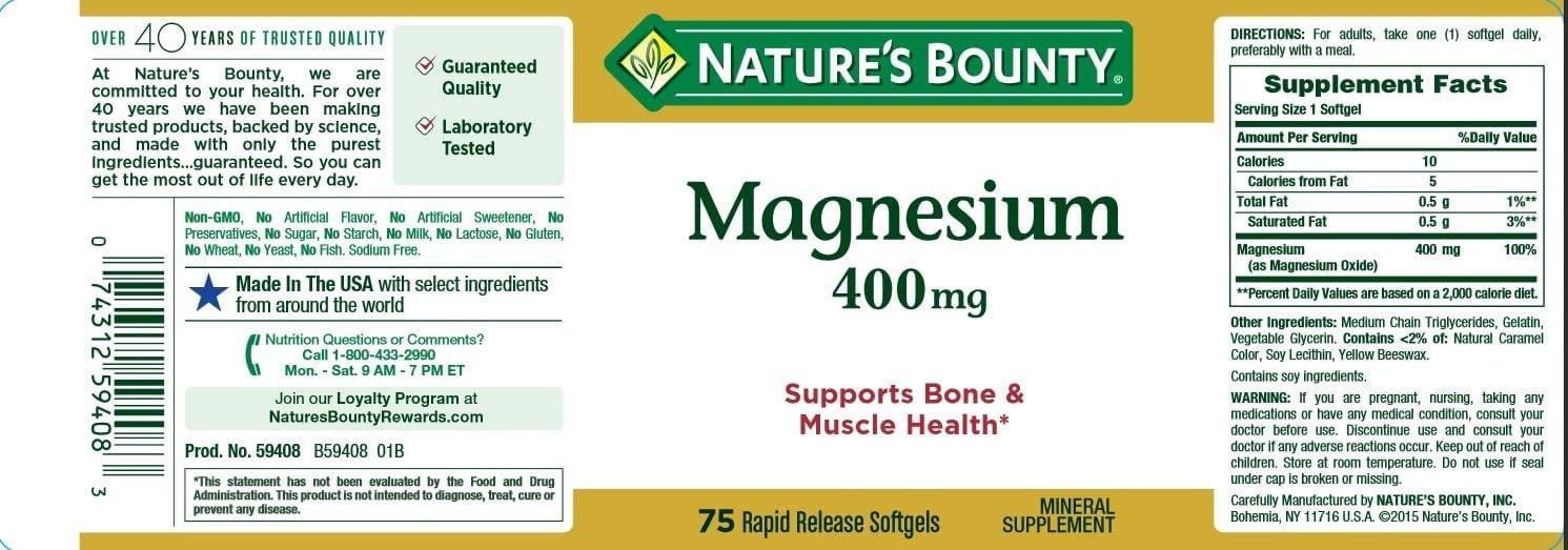 NATURE'S BOUNTY MAGNESIUM 400MG SOFTGEL 75 COUNT FOR HEALTHY LIVING.