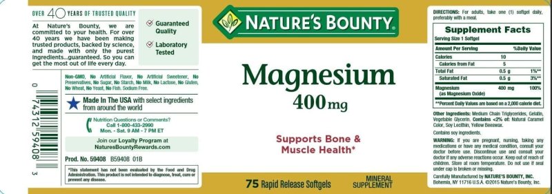NATURE'S BOUNTY MAGNESIUM 400MG SOFTGEL 75 COUNT FOR HEALTHY LIVING.