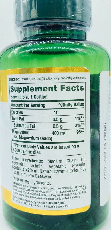 NATURE'S BOUNTY MAGNESIUM 400MG SOFTGEL 75 COUNT FOR HEALTHY LIVING.