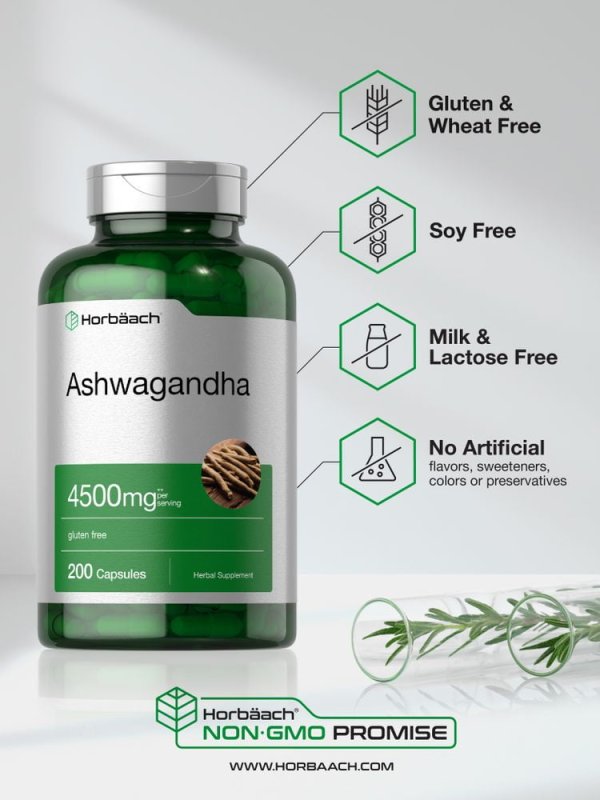 HORBAACH ASHWAGANDHA CAPSULES 4500MG 200 COUNT WITH BLACK PEPPER MEN WOMEN