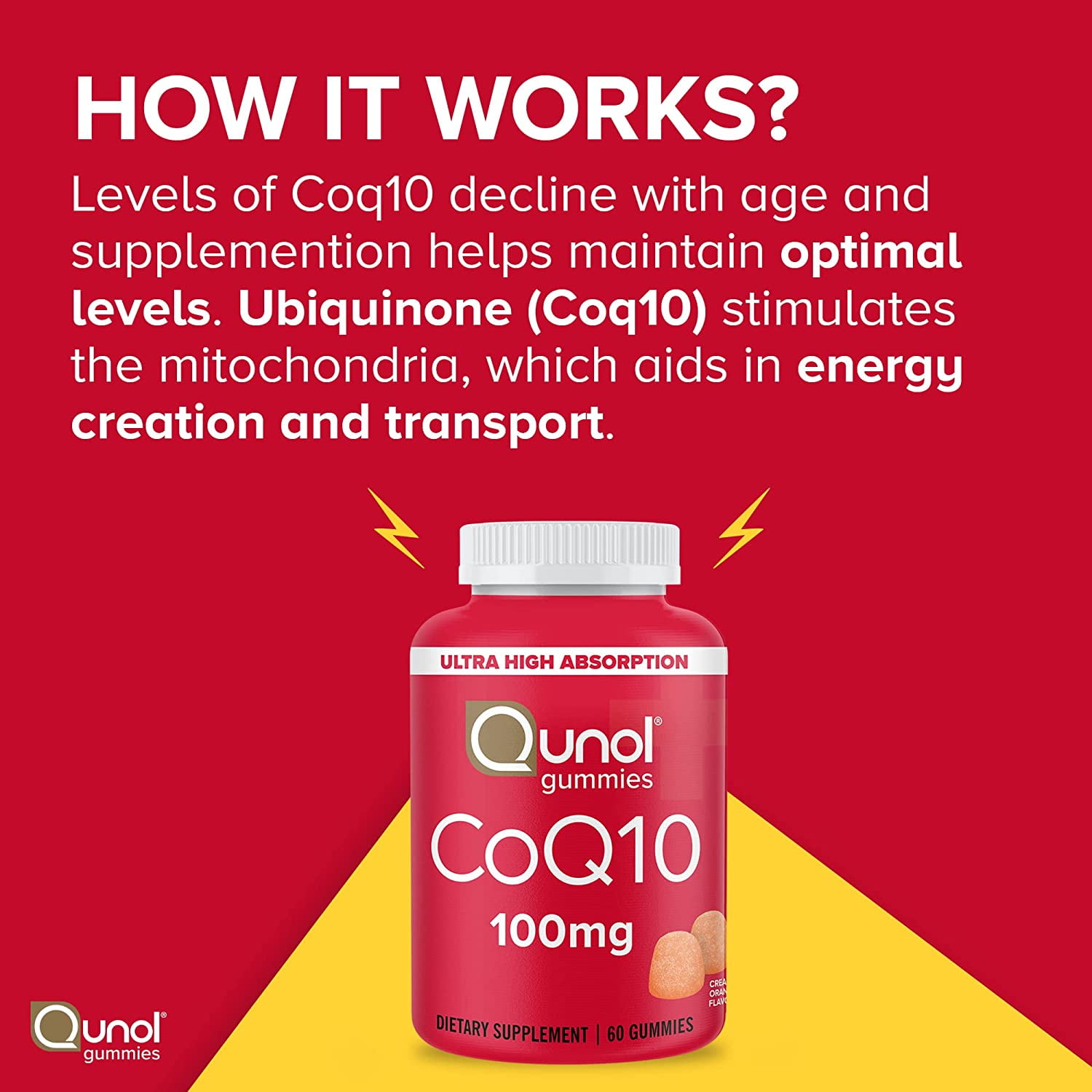 QUNOL COQ10 GUMMIES 100MG ULTRA HIGH ABSORPTION HEART HEALTH SUPPLEMENT 60 COUNT
