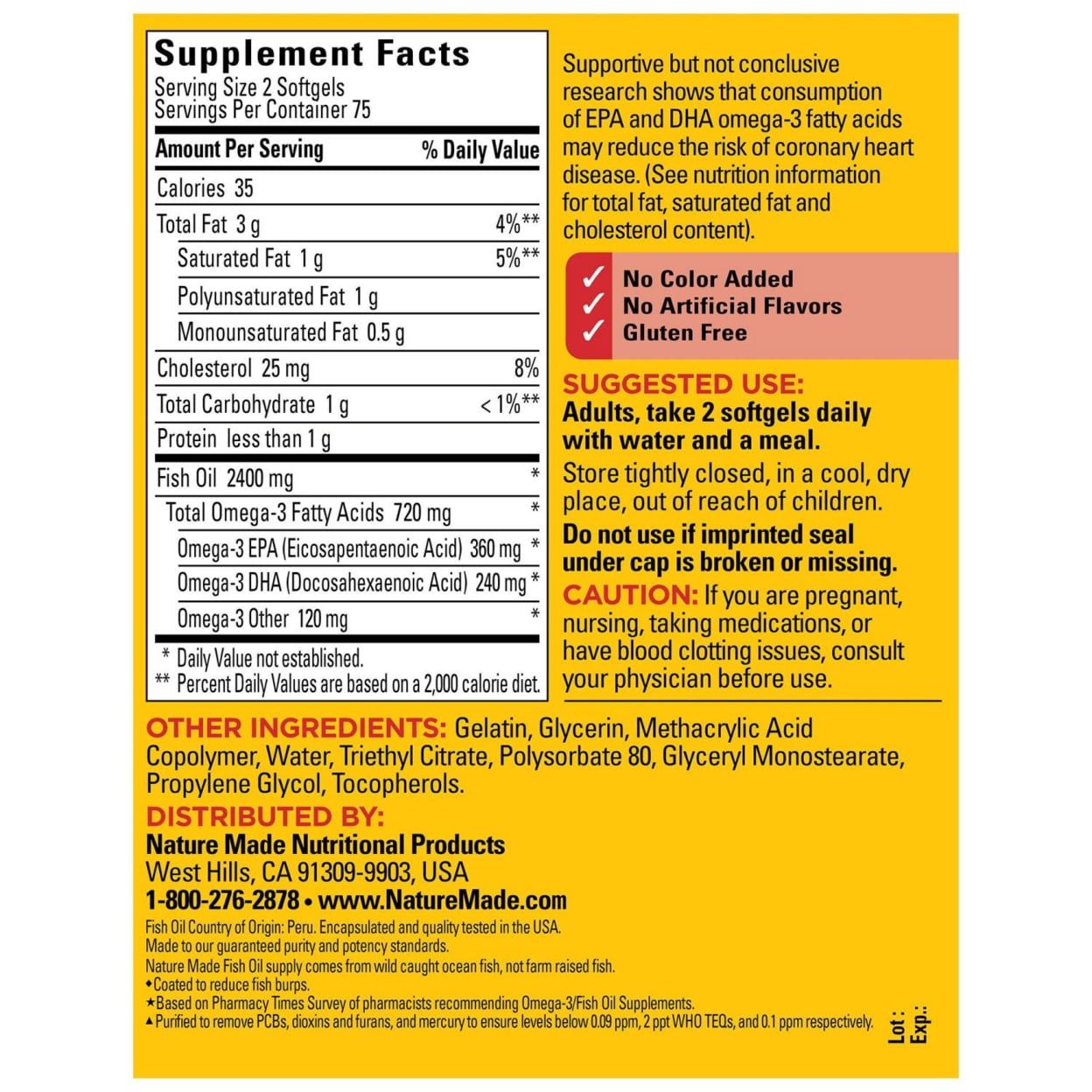 NATURE MADE BURP LESS FISH OIL 1200MG SOFTGELS HEART HEALTH SUPPORT 150 CT