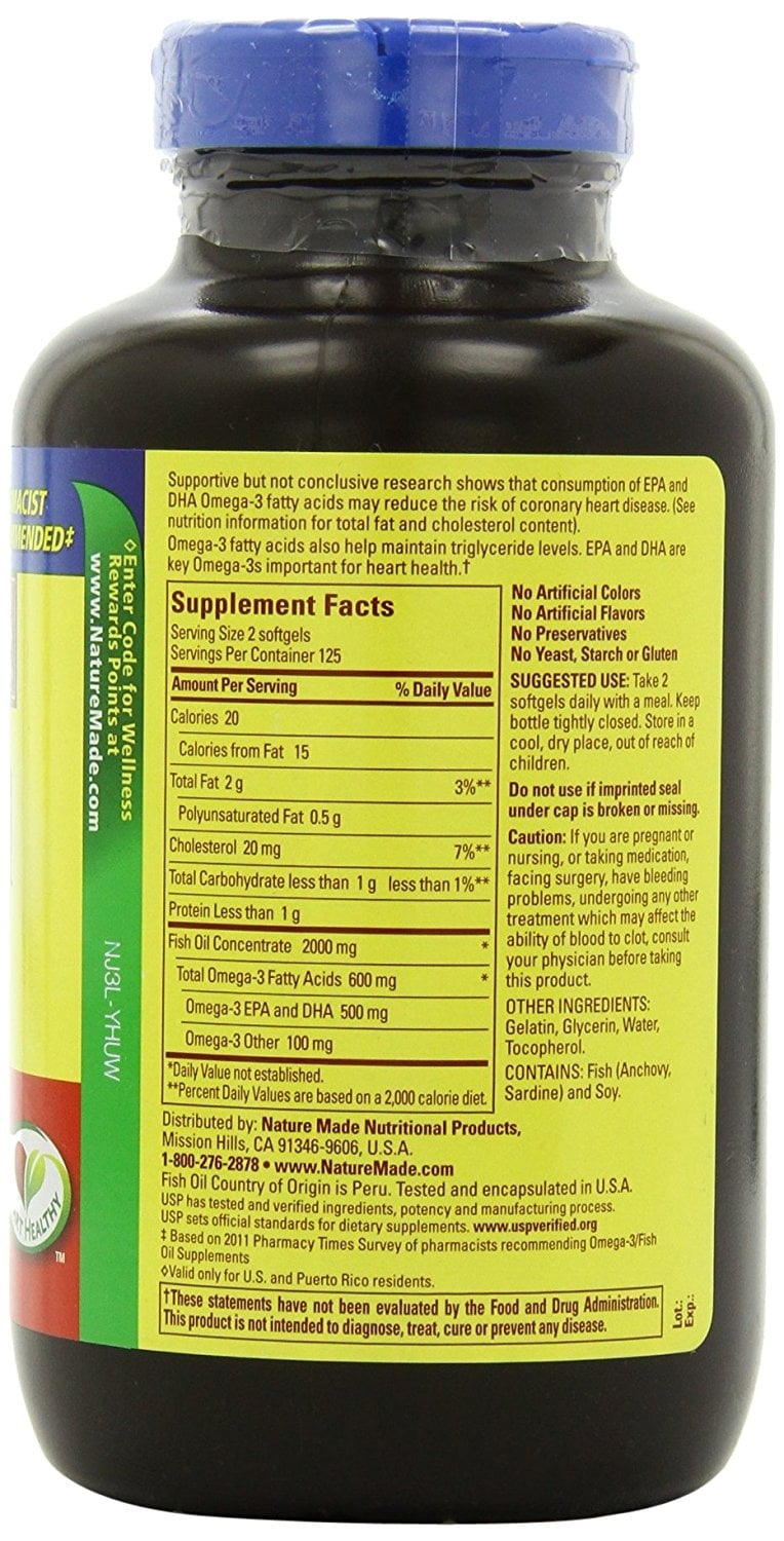 NATURE MADE 1000MG FISH OIL SOFTGELS OMEGA 3 HEART HEALTH SUPPLEMENT - 250CT