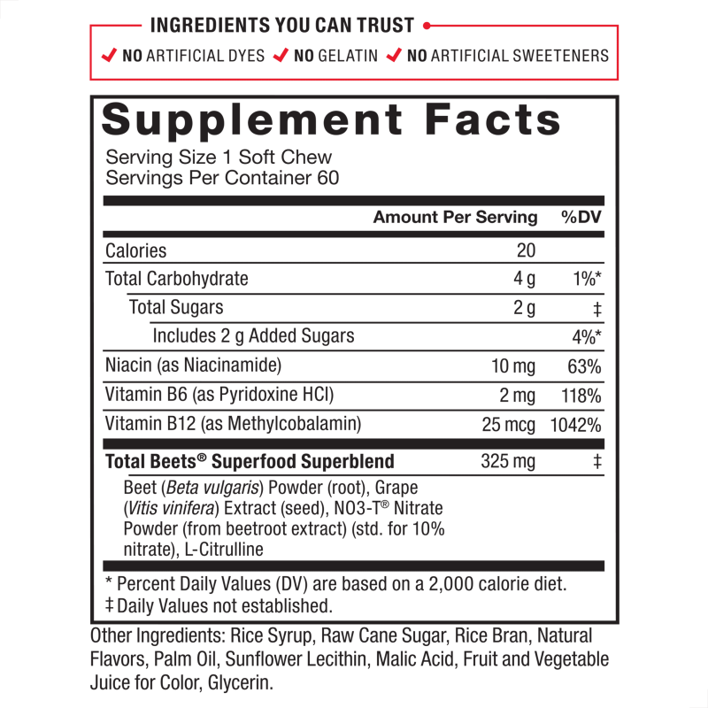 FORCE FACTOR TOTAL BEETS BEET ROOT SOFT CHEW SUPPLEMENT 60 CHEWS BEETROOT GUMMIES