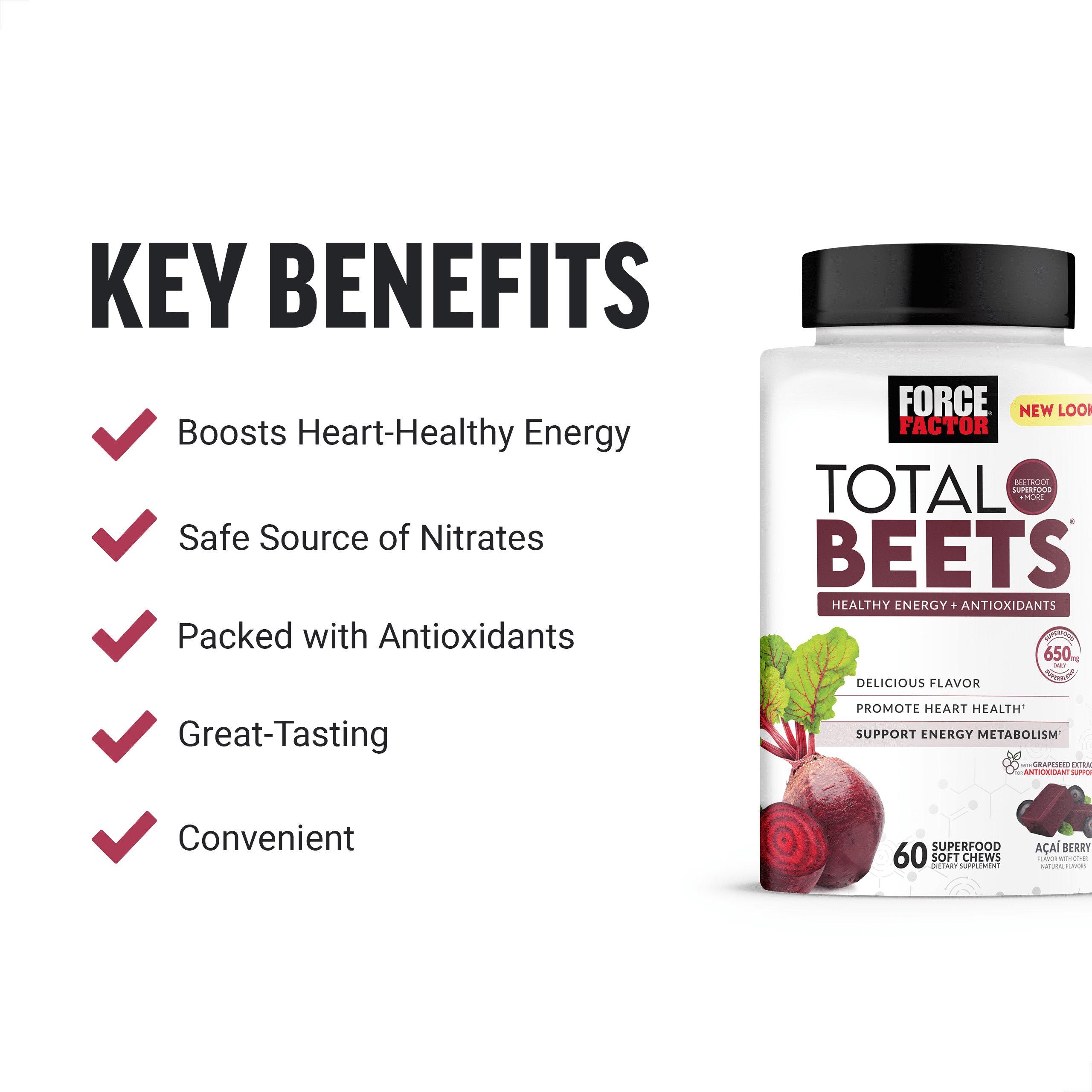 FORCE FACTOR TOTAL BEETS BEET ROOT SOFT CHEW SUPPLEMENT 60 CHEWS BEETROOT GUMMIES