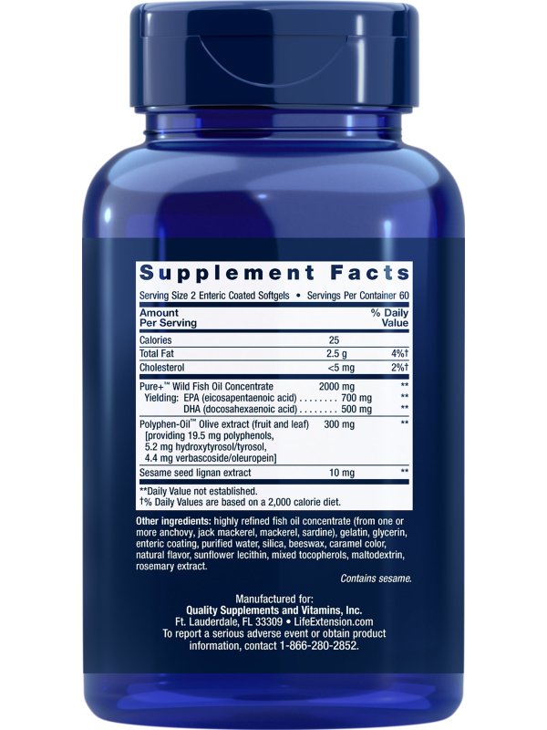 LIFE EXTENSION SUPER OMEGA-3 FISH OIL WITH SESAME LIGNANS, OLIVE EXTRACT - HEART BRAIN INFLAMMATION SUPPORT - GLUTEN-FREE ENTERIC-COATED 120 SOFTGELS