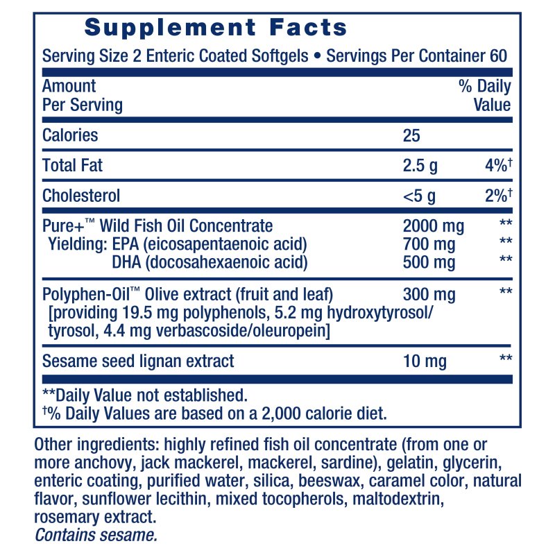 LIFE EXTENSION SUPER OMEGA-3 FISH OIL WITH SESAME LIGNANS, OLIVE EXTRACT - HEART BRAIN INFLAMMATION SUPPORT - GLUTEN-FREE ENTERIC-COATED 120 SOFTGELS