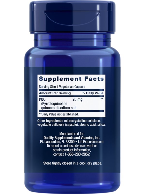 LIFE EXTENSION PQQ PYRROLOQUINOLINE QUINONE 20MG GROWTH NEW CELLULAR MITOCHONDRIA GLUTEN FREE NON GMO ONCE DAILY 30 VEGETARIAN CAPSULES