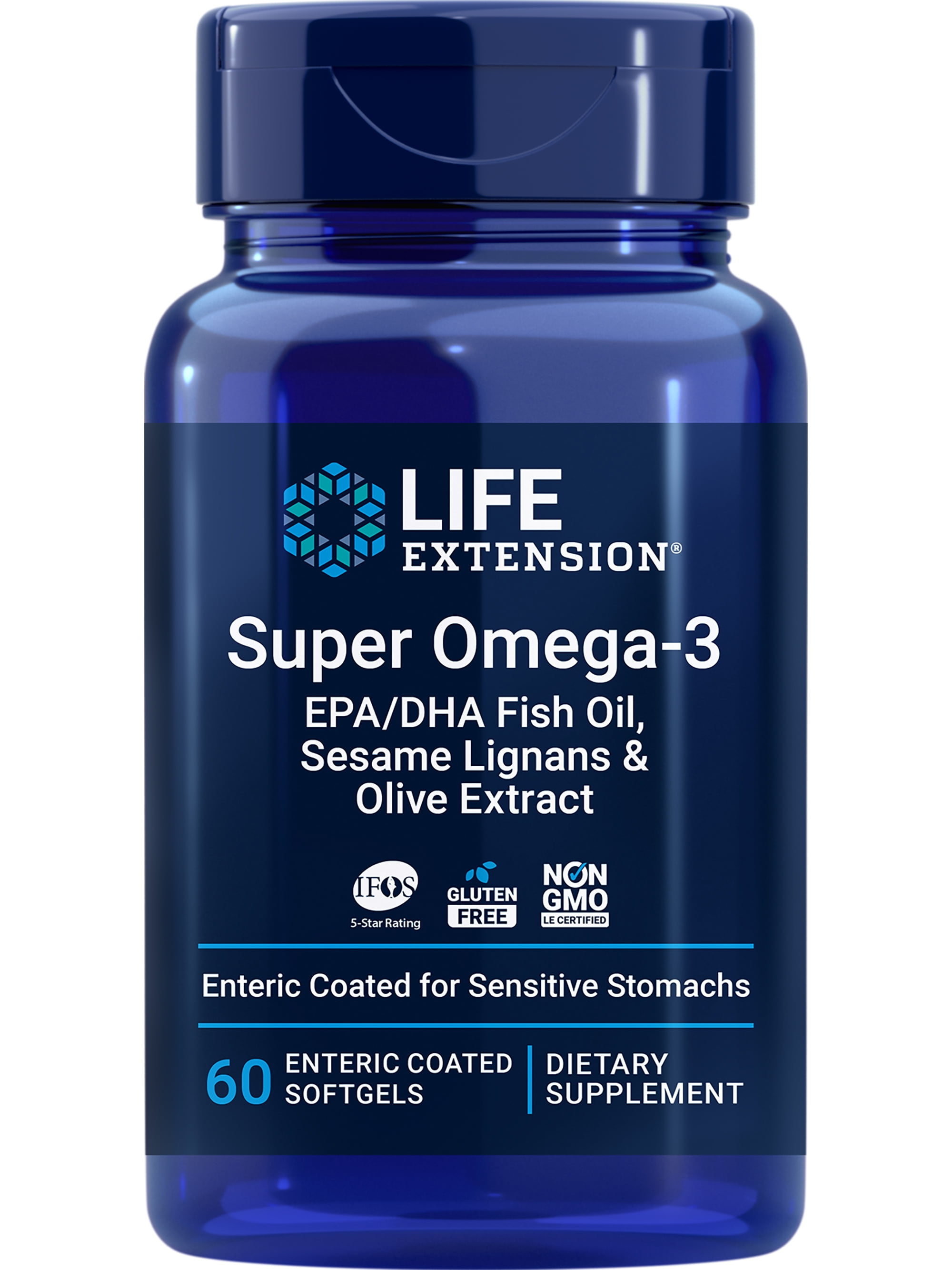 LIFE EXTENSION SUPER OMEGA-3 EPA DHA FISH OIL SESAME LIGNANS OLIVE EXTRACT HEART BRAIN HEALTH INFLAMMATION CHOLESTEROL GLUTEN-FREE NON-GMO 60 SOFTGELS