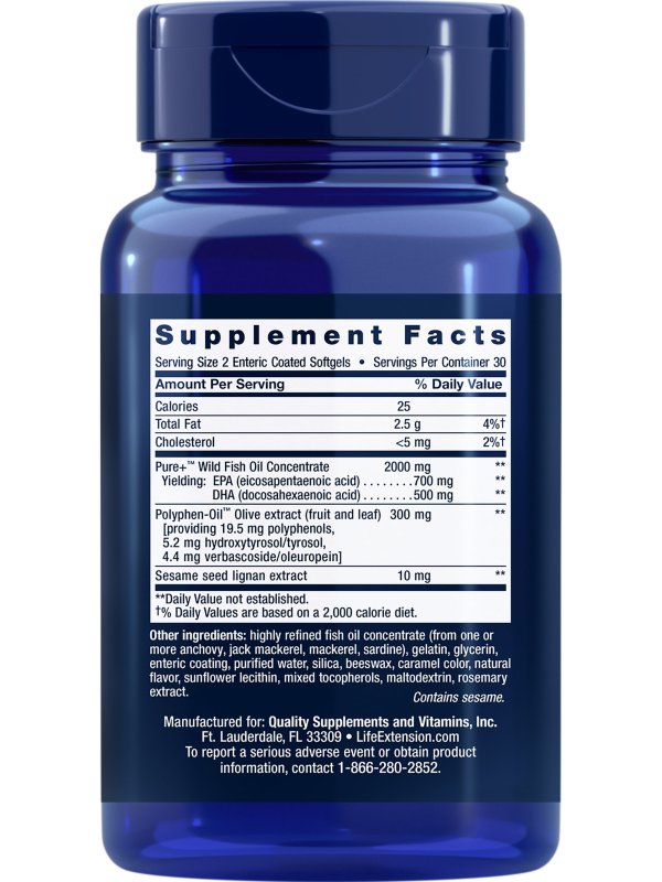 LIFE EXTENSION SUPER OMEGA-3 EPA DHA FISH OIL SESAME LIGNANS OLIVE EXTRACT HEART BRAIN HEALTH INFLAMMATION CHOLESTEROL GLUTEN-FREE NON-GMO 60 SOFTGELS