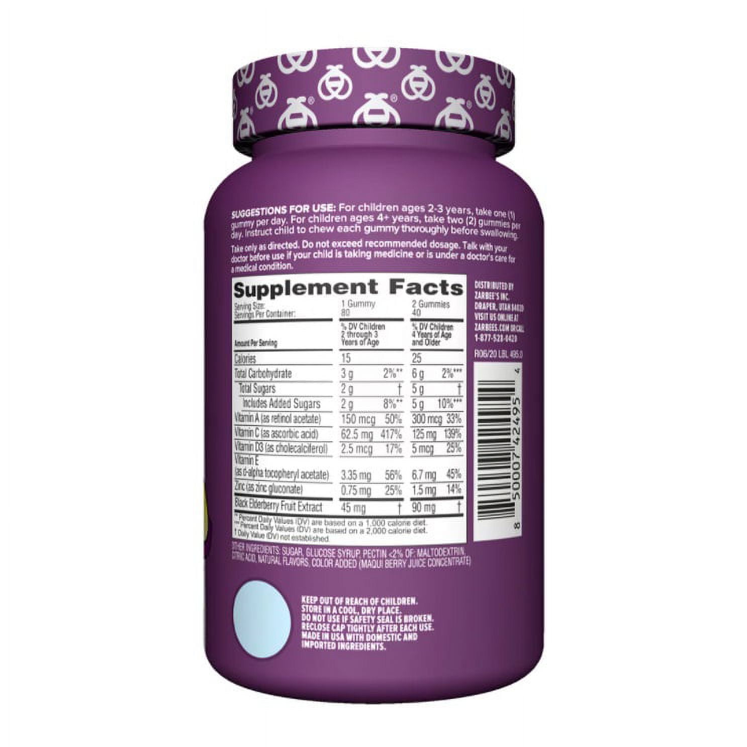 ZARBEE'S KIDS ELDERBERRY IMMUNE SUPPORT WITH VITAMIN C AND ZINC BERRY 80 CT