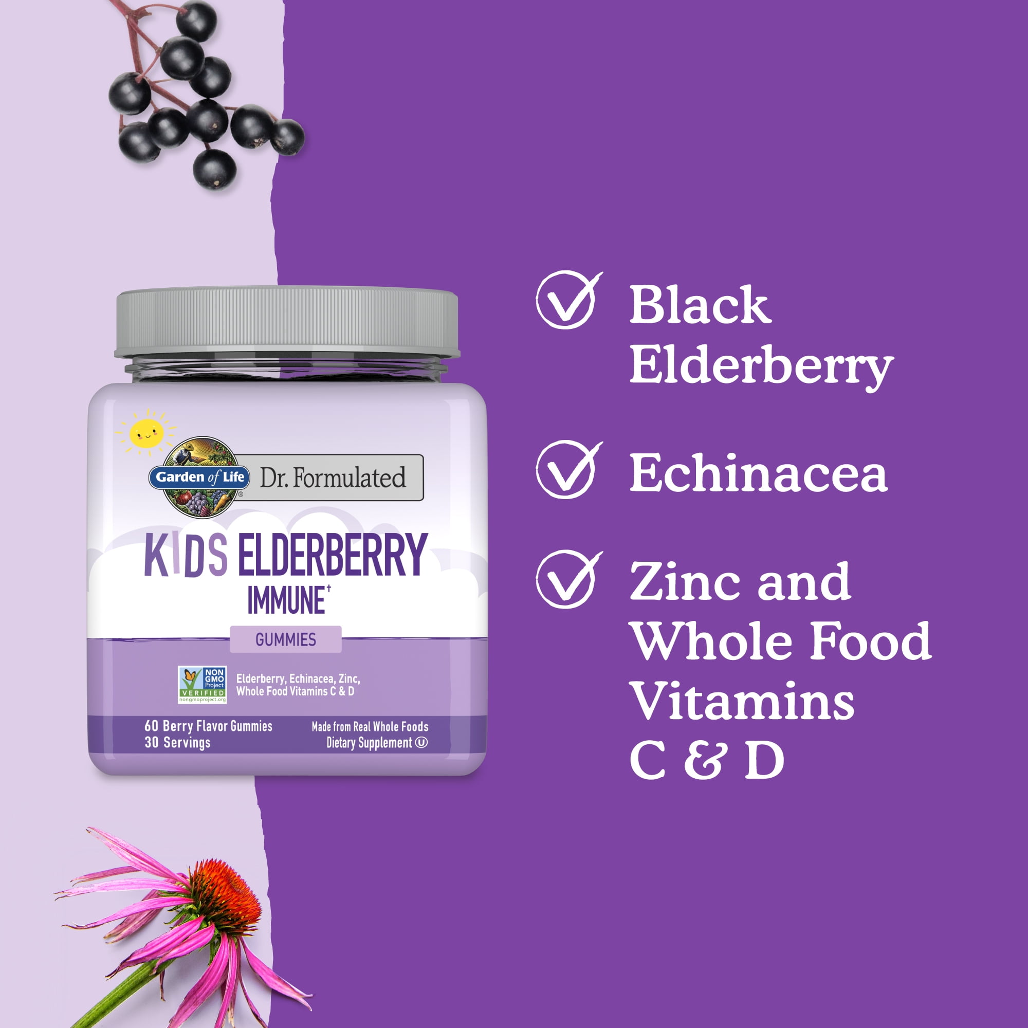 GARDEN OF LIFE DR. FORMULATED KIDS ELDERBERRY IMMUNE SUPPORT GUMMIES WITH ECHINACEA ZINC VITAMINS C D 30 SERVINGS