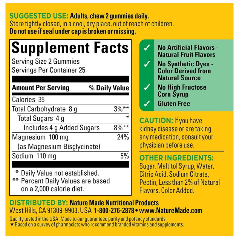 NATURE MADE HIGH ABSORPTION MAGNESIUM GLYCINATE BONE AND HEART SUPPORT MAGNESIUM GUMMIES 50 CT