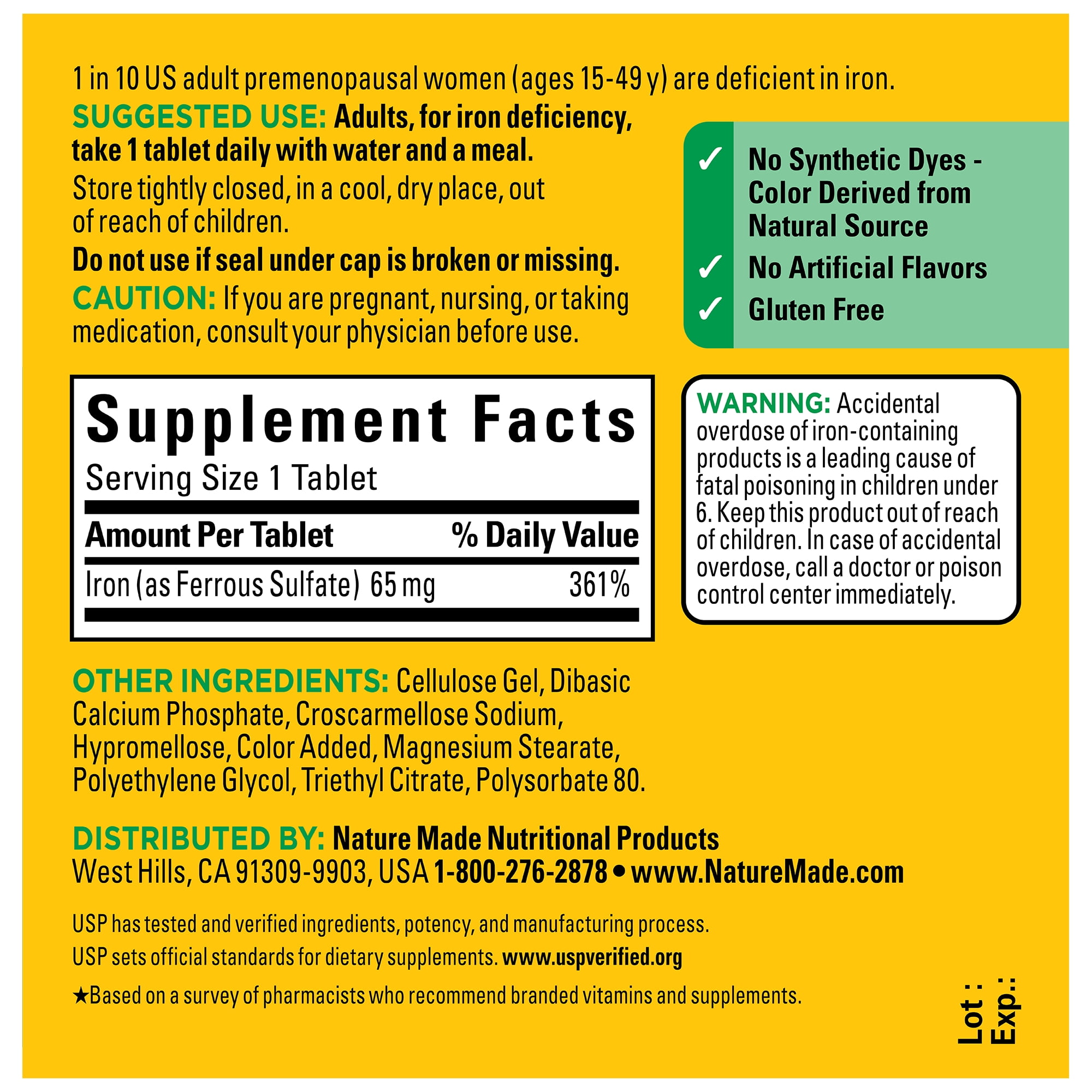 NATURE MADE IRON 65MG 325MG FERROUS SULFATE TABLETS DIETARY SUPPLEMENT 150 COUNT