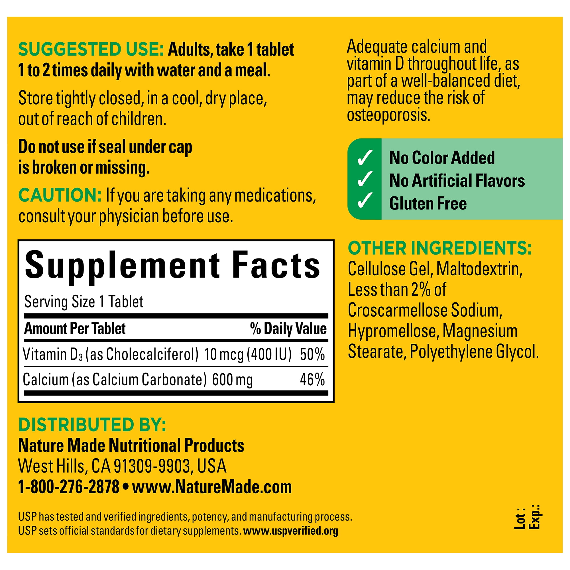 NATURE MADE CALCIUM 600MG WITH VITAMIN D3 TABLETS DIETARY SUPPLEMENT 150 COUNT