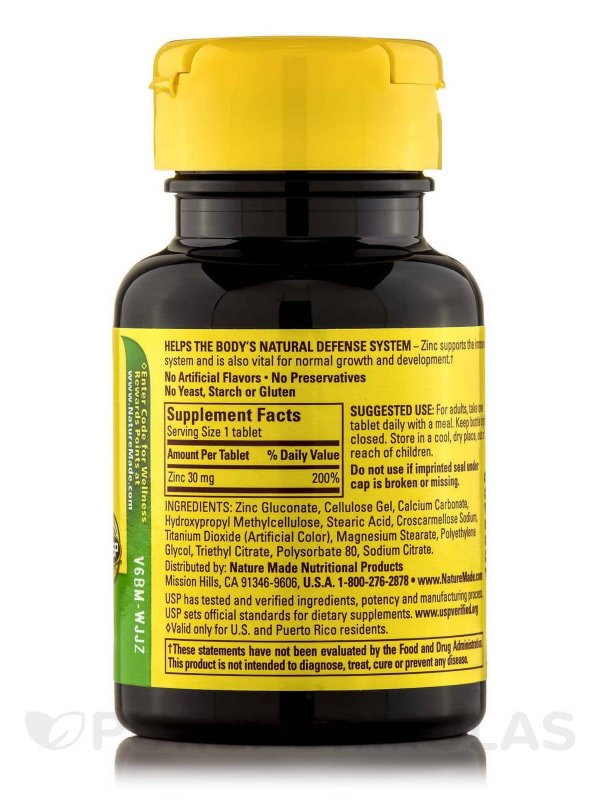 NATURE MADE ZINC 30MG TABLETS DIETARY SUPPLEMENT IMMUNE SUPPORT 100 COUNT