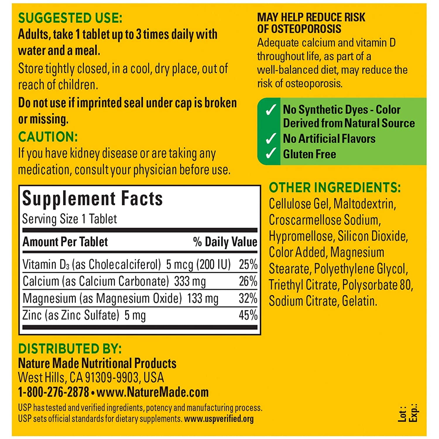 NATURE MADE CALCIUM MAGNESIUM ZINC TABLETS 300 COUNT PACK OF 6