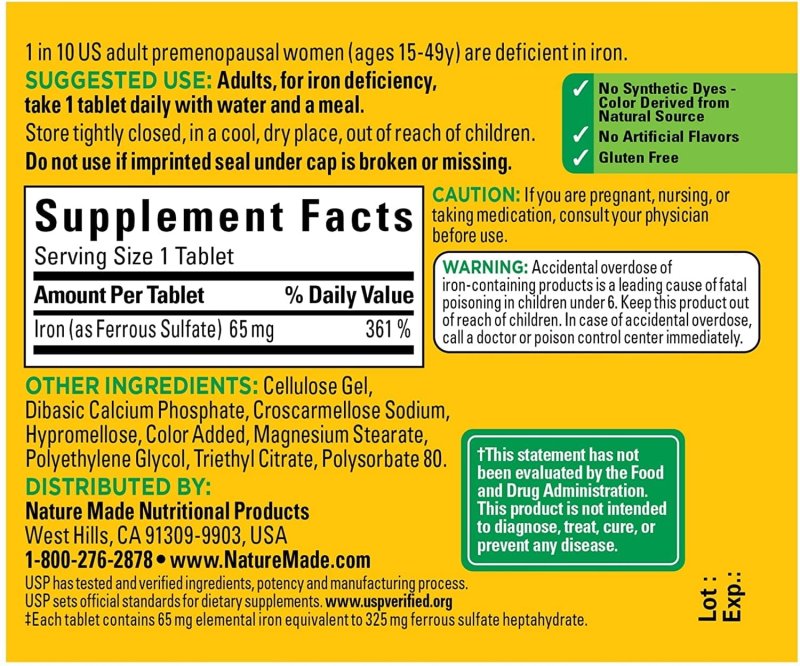 NATURE MADE IRON 65 MG TABLETS 180 EA - ESSENTIAL IRON SUPPLEMENT FOR BETTER HEALTH
