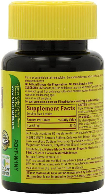 NATURE MADE IRON 65 MG TABLETS 180 EA - ESSENTIAL IRON SUPPLEMENT FOR BETTER HEALTH